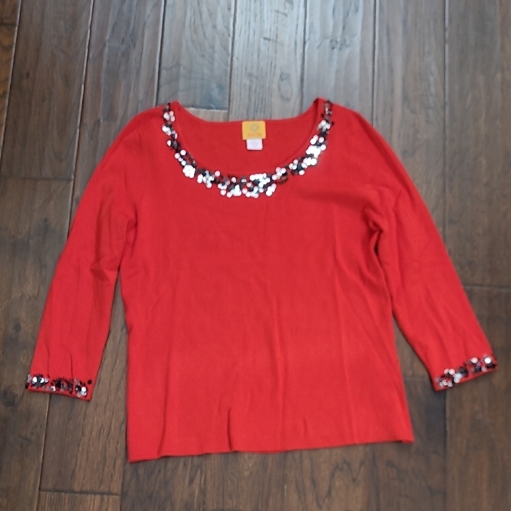 Ruby Rd Vibrant Red Knit Top with Sequins & Beaded Neckline & Cuffs size XL